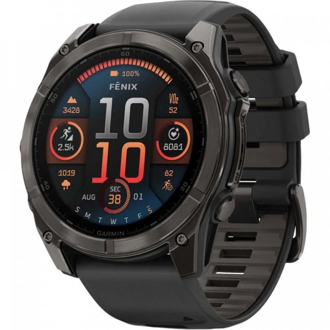 Смарт-часы GARMIN FENIX 8 – 51 мм, AMOLED Sapphire, титан с DLC-покрытием Carbon Gray и силиконовым ремешком черного/серого цвета 010-02905-21